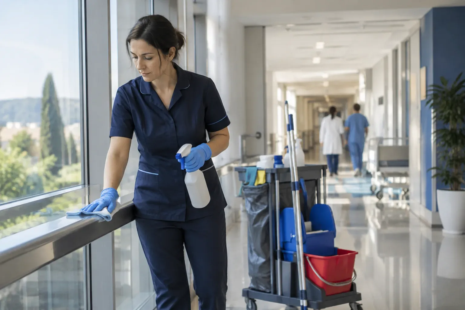 Operatrice impegnata nella sanificazione di una struttura sanitaria